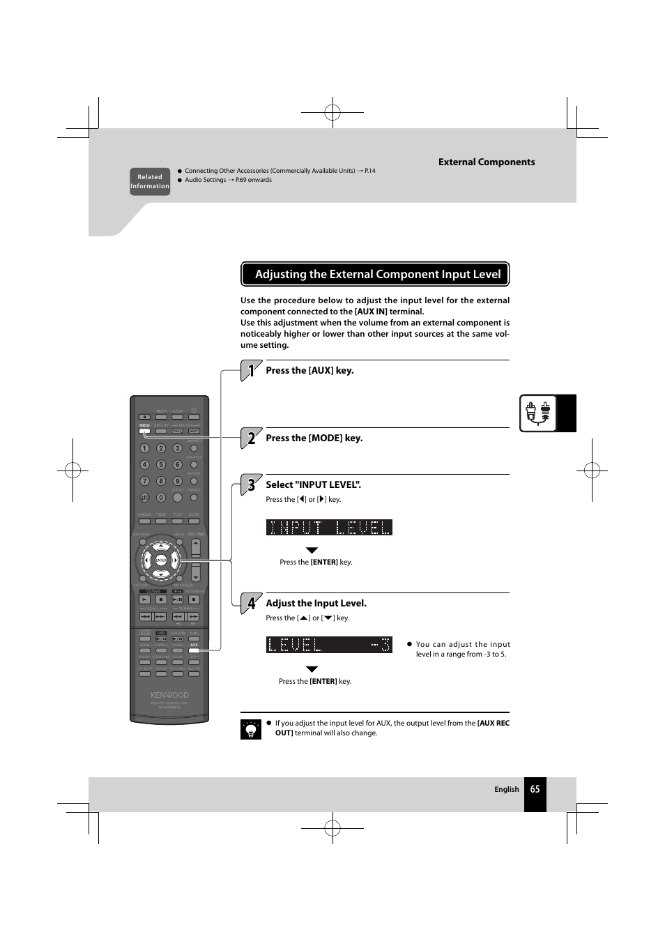 Adjusting the external component input level | Kenwood K-821DV User Manual | Page 65 / 108