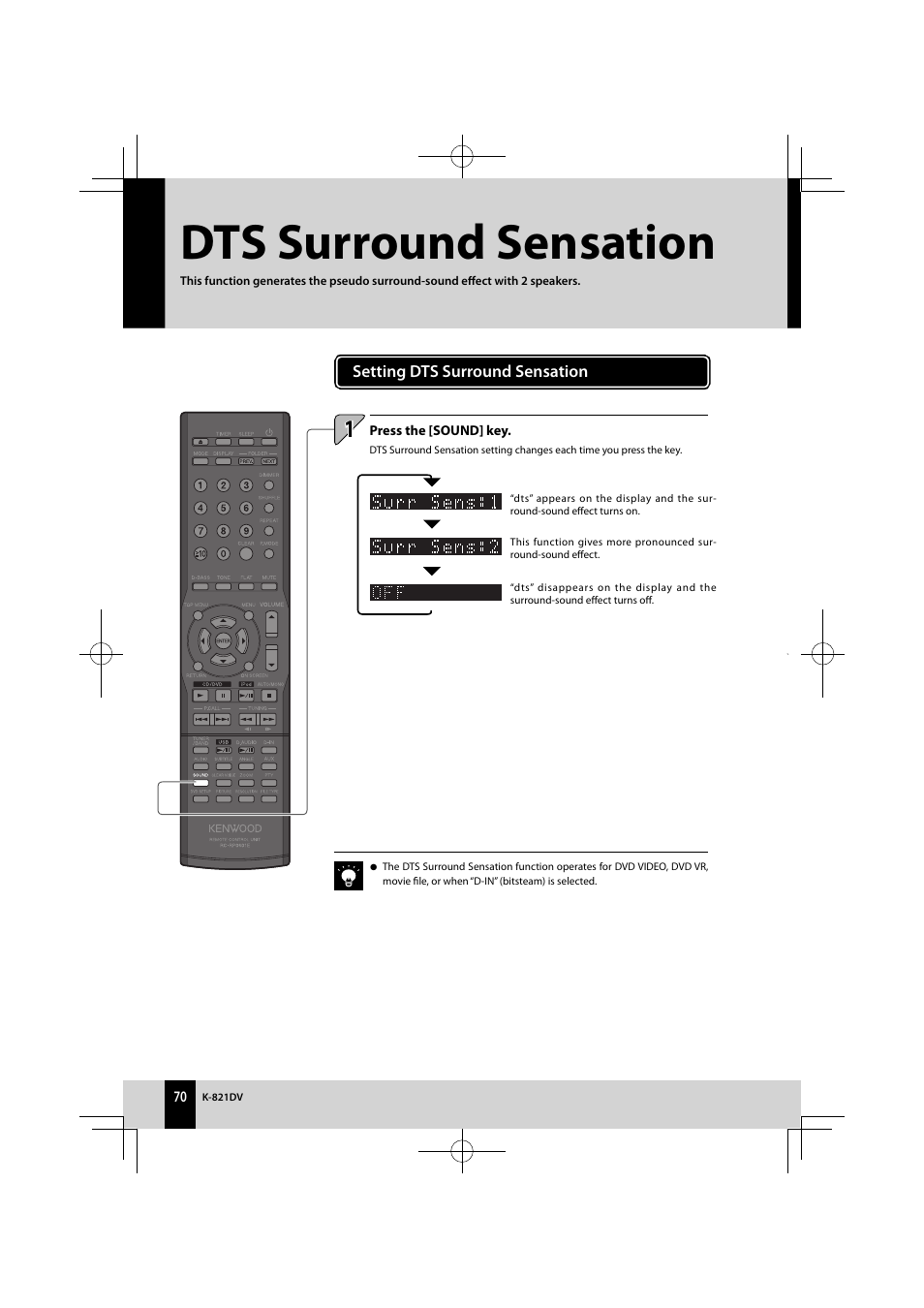 Dts surround sensation | Kenwood K-821DV User Manual | Page 70 / 108