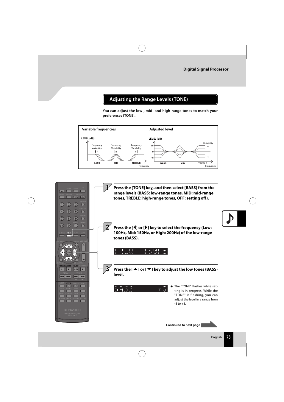 Adjusting the range levels (tone) | Kenwood K-821DV User Manual | Page 73 / 108