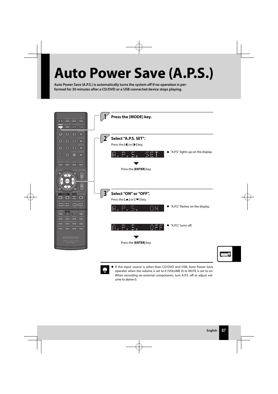 Auto power save (a.p.s.) | Kenwood K-821DV User Manual | Page 87 / 108