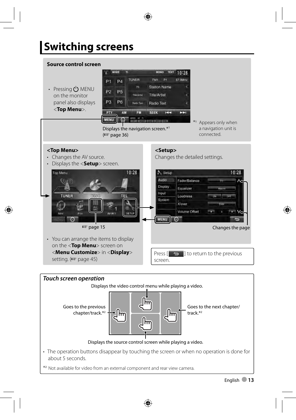 Switching screens, Touch screen operation | Kenwood DDX3023 User Manual | Page 13 / 84