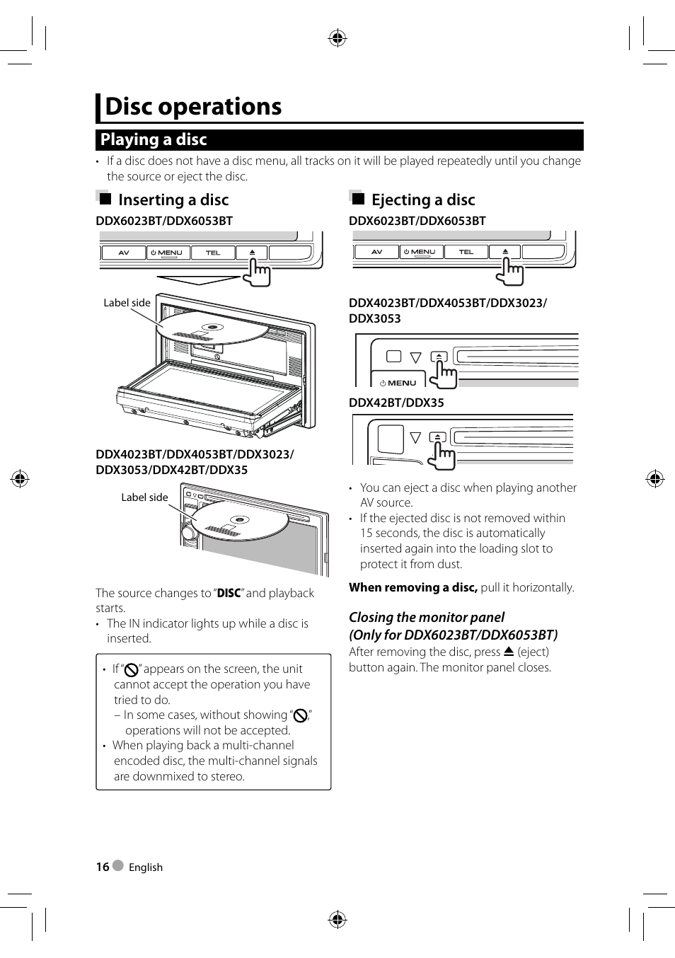 Disc operations, Playing a disc, Ejecting a disc | Inserting a disc | Kenwood DDX3023 User Manual | Page 16 / 84