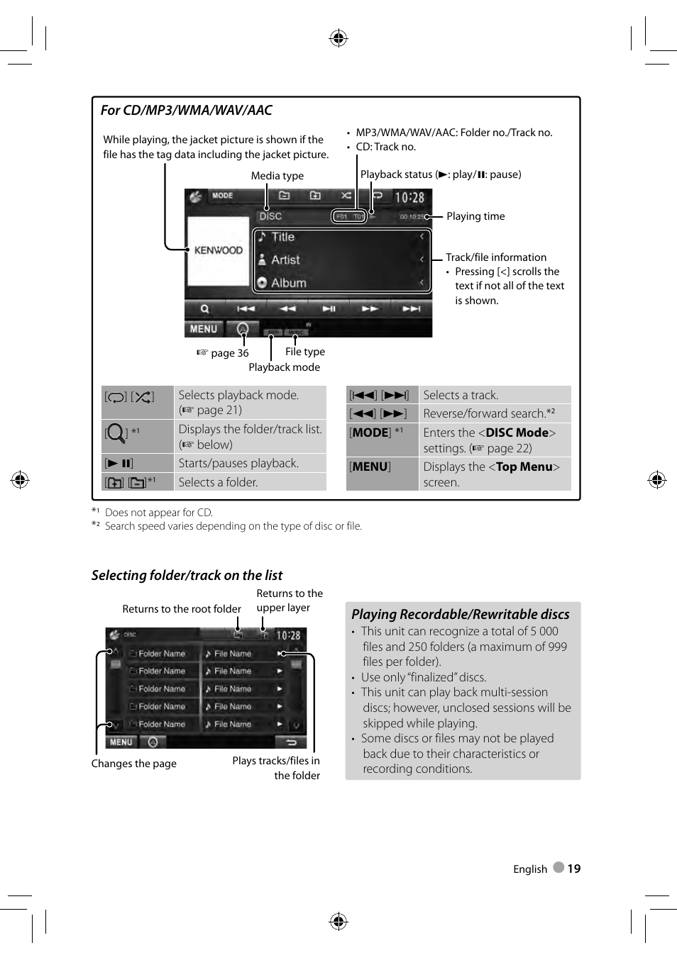 Playing recordable/rewritable discs, Selecting folder/track on the list, For cd/mp3/wma/wav/aac | Kenwood DDX3023 User Manual | Page 19 / 84