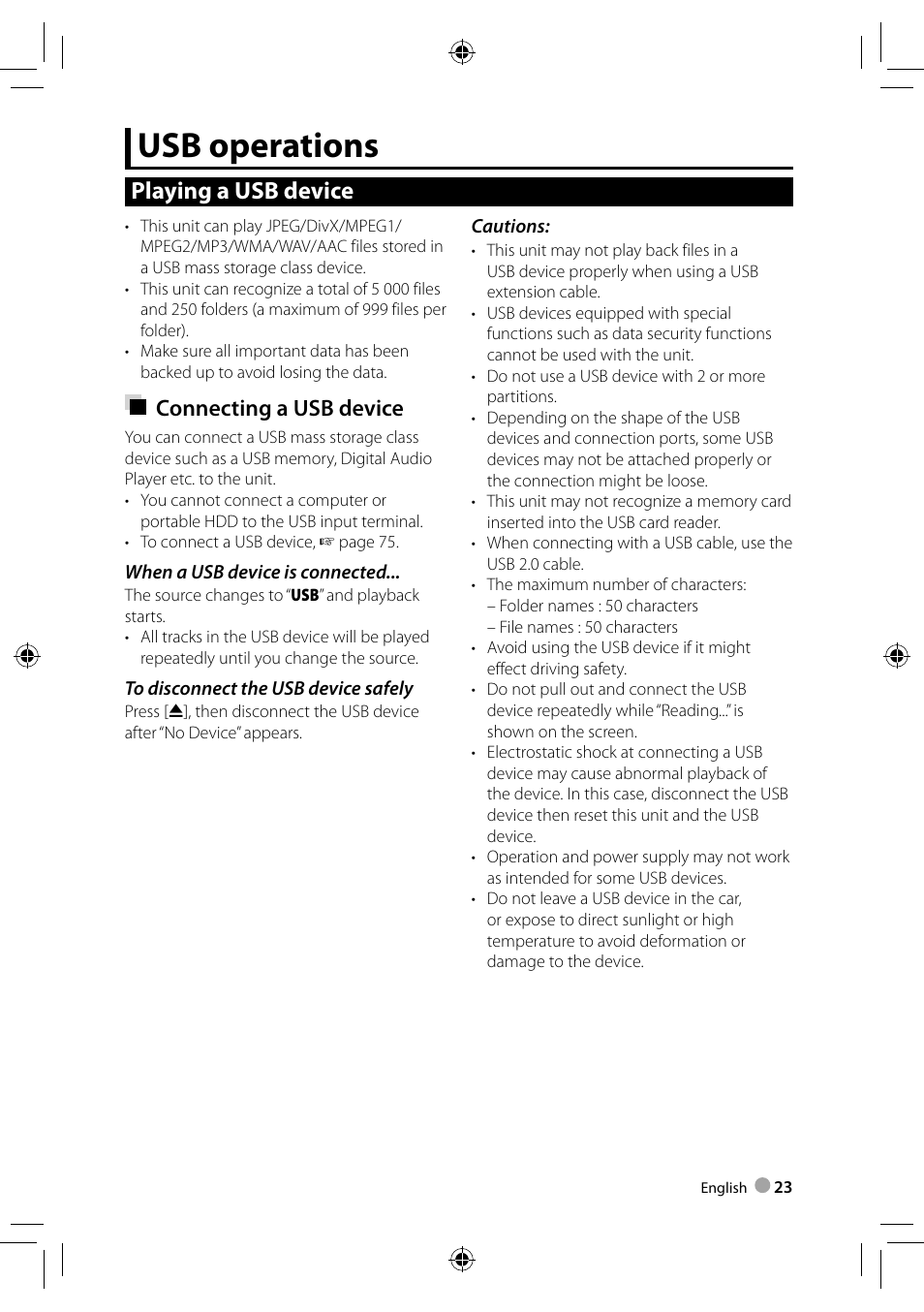 Usb operations, Playing a usb device, Connecting a usb device | Kenwood DDX3023 User Manual | Page 23 / 84