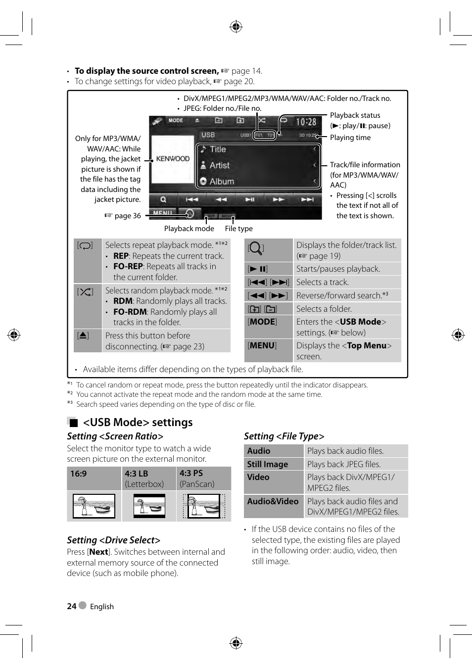 Usb mode> settings, Setting <file type, Setting <screen ratio | Setting <drive select | Kenwood DDX3023 User Manual | Page 24 / 84