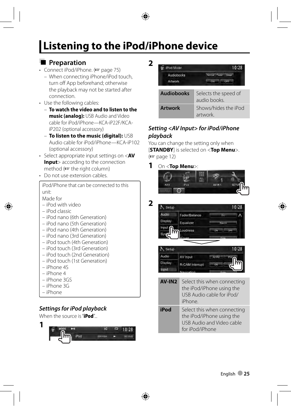Listening to the ipod/iphone device, Preparation | Kenwood DDX3023 User Manual | Page 25 / 84