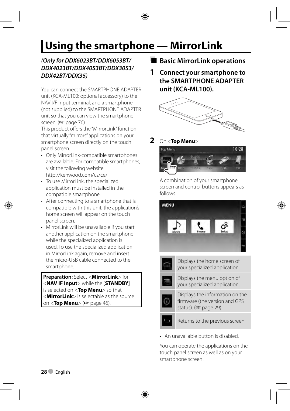 Using the smartphone — mirrorlink, Basic mirrorlink operations | Kenwood DDX3023 User Manual | Page 28 / 84