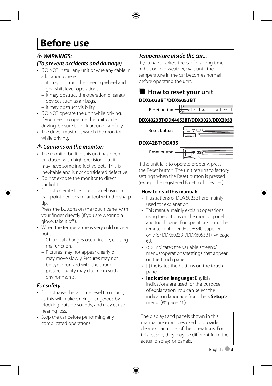 Before use, How to reset your unit | Kenwood DDX3023 User Manual | Page 3 / 84