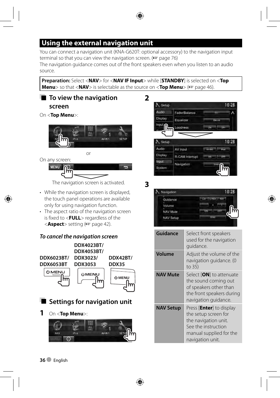 Using the external navigation unit, Settings for navigation unit | Kenwood DDX3023 User Manual | Page 36 / 84