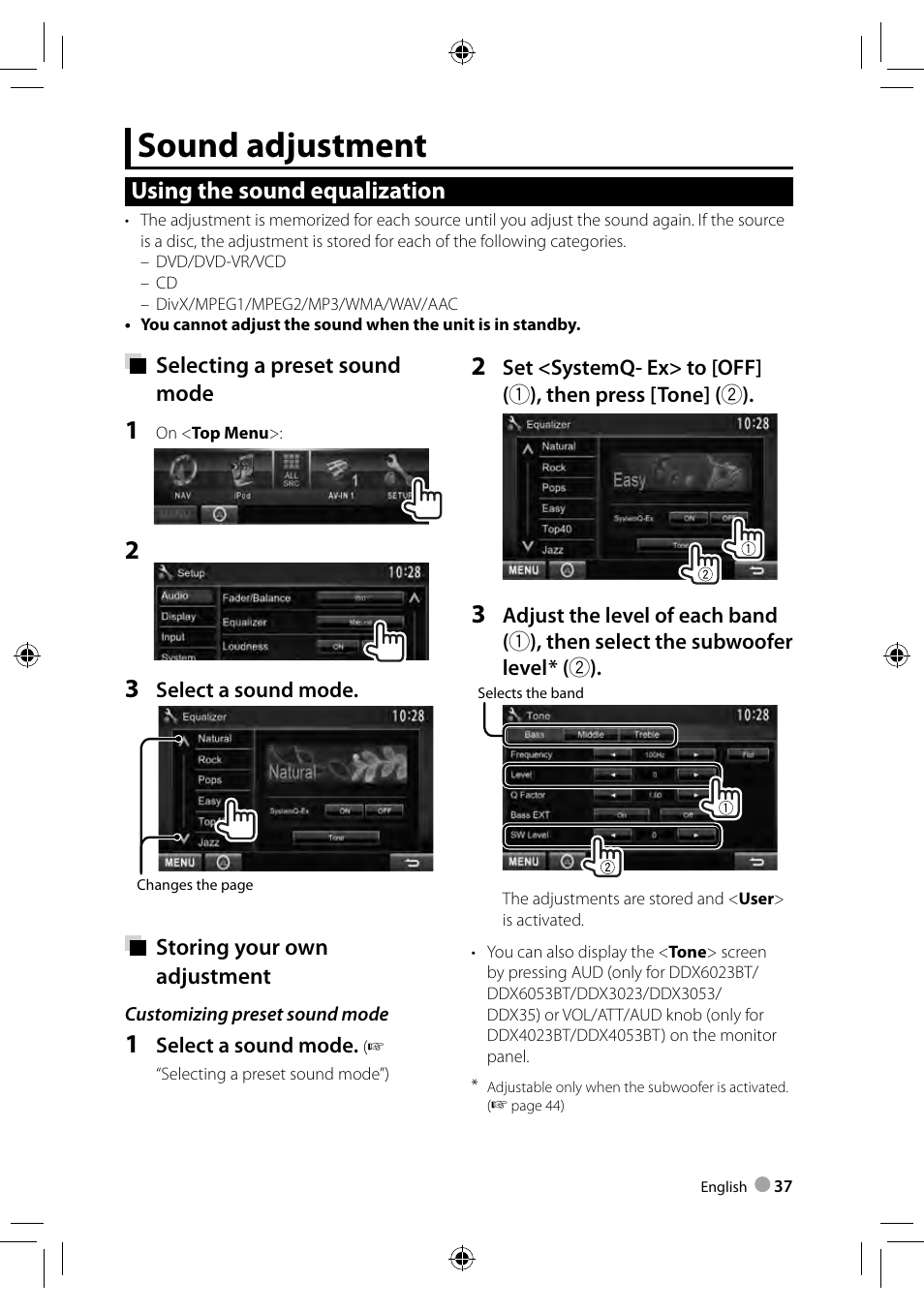 Sound adjustment, Using the sound equalization | Kenwood DDX3023 User Manual | Page 37 / 84