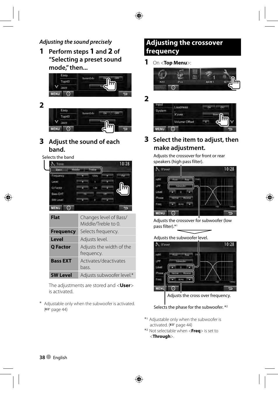 Adjusting the crossover frequency, Select the item to adjust, then make adjustment, Perform steps | Of “selecting a preset sound mode,” then, Adjust the sound of each band | Kenwood DDX3023 User Manual | Page 38 / 84