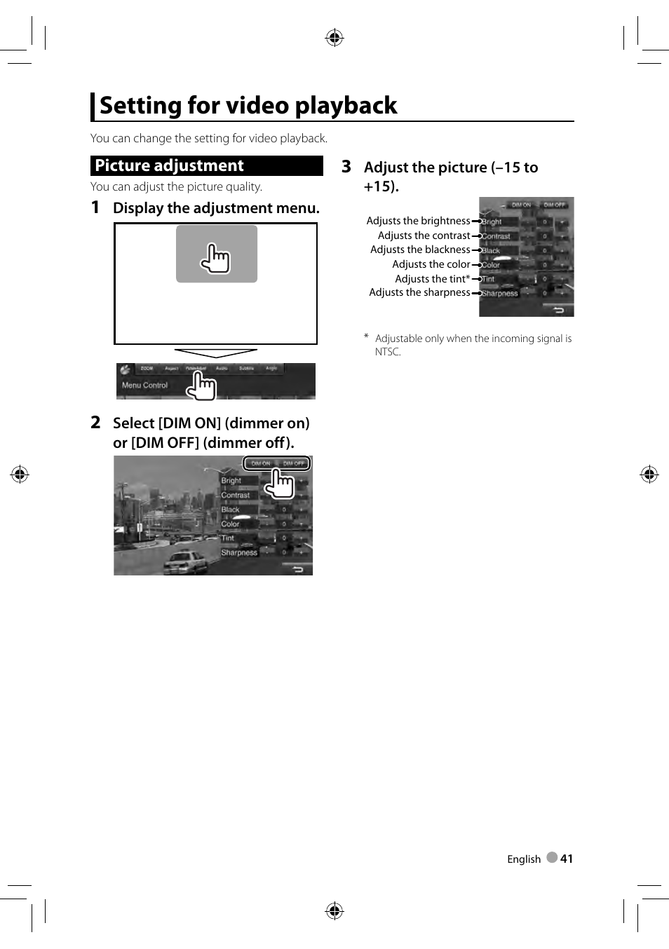 Setting for video playback, Picture adjustment | Kenwood DDX3023 User Manual | Page 41 / 84