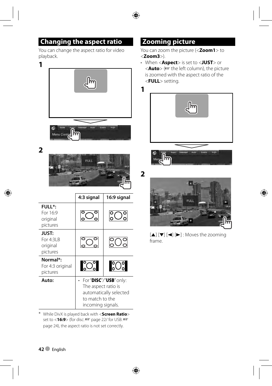 Changing the aspect ratio, Zooming picture | Kenwood DDX3023 User Manual | Page 42 / 84