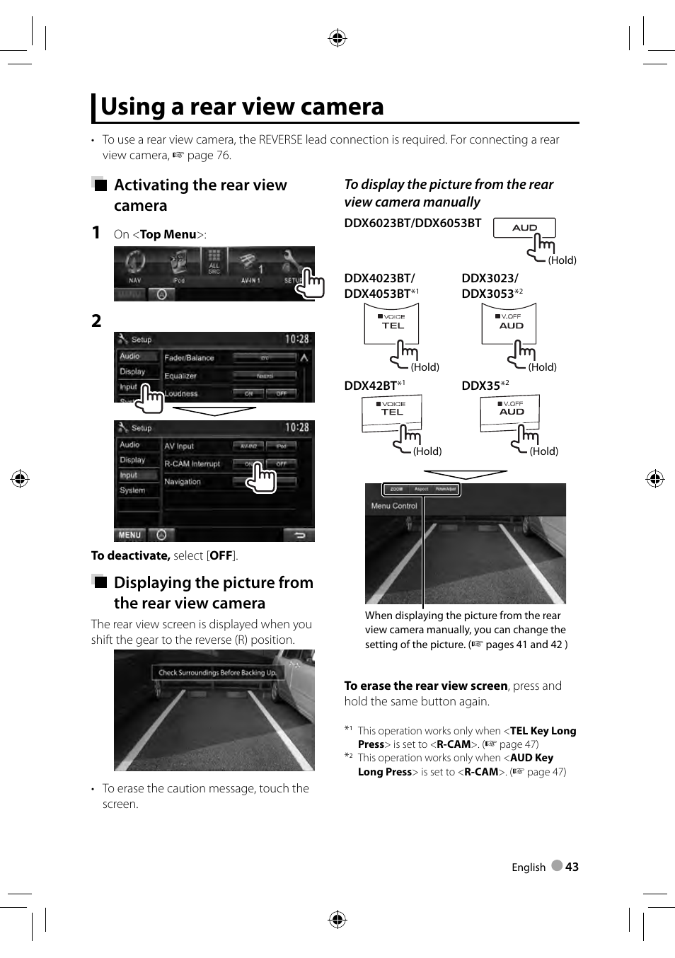 Using a rear view camera, Activating the rear view camera, Displaying the picture from the rear view camera | Kenwood DDX3023 User Manual | Page 43 / 84