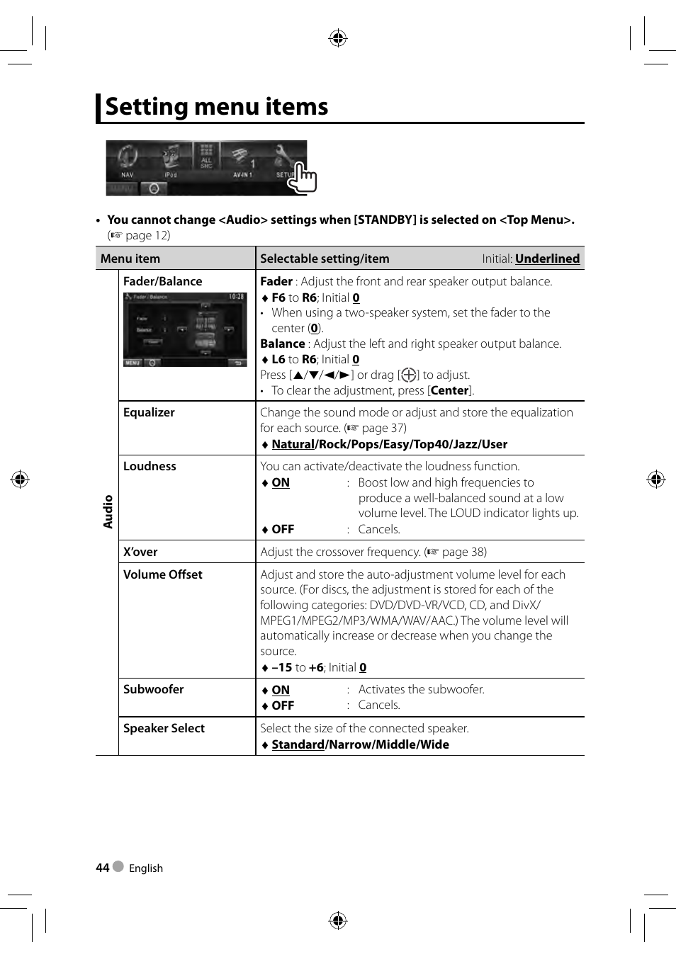 Setting menu items | Kenwood DDX3023 User Manual | Page 44 / 84