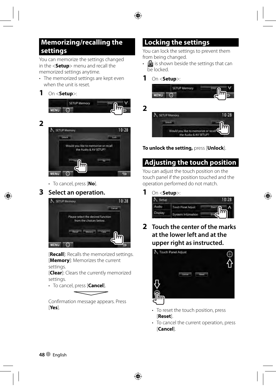 Locking the settings, Adjusting the touch position | Kenwood DDX3023 User Manual | Page 48 / 84