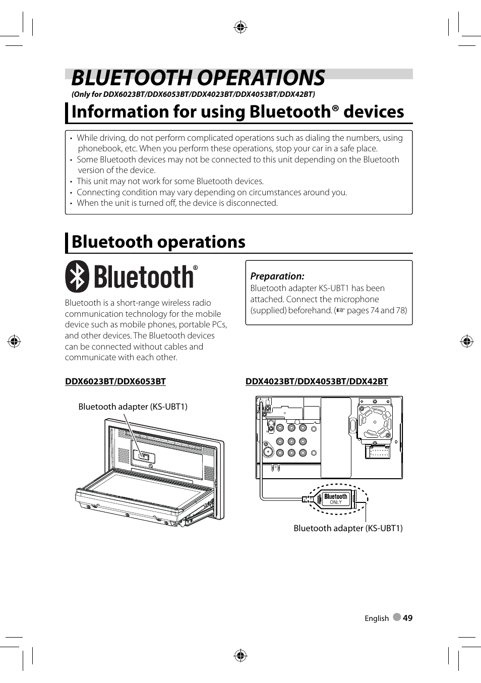 Bluetooth operations, Information for using bluetooth® devices | Kenwood DDX3023 User Manual | Page 49 / 84