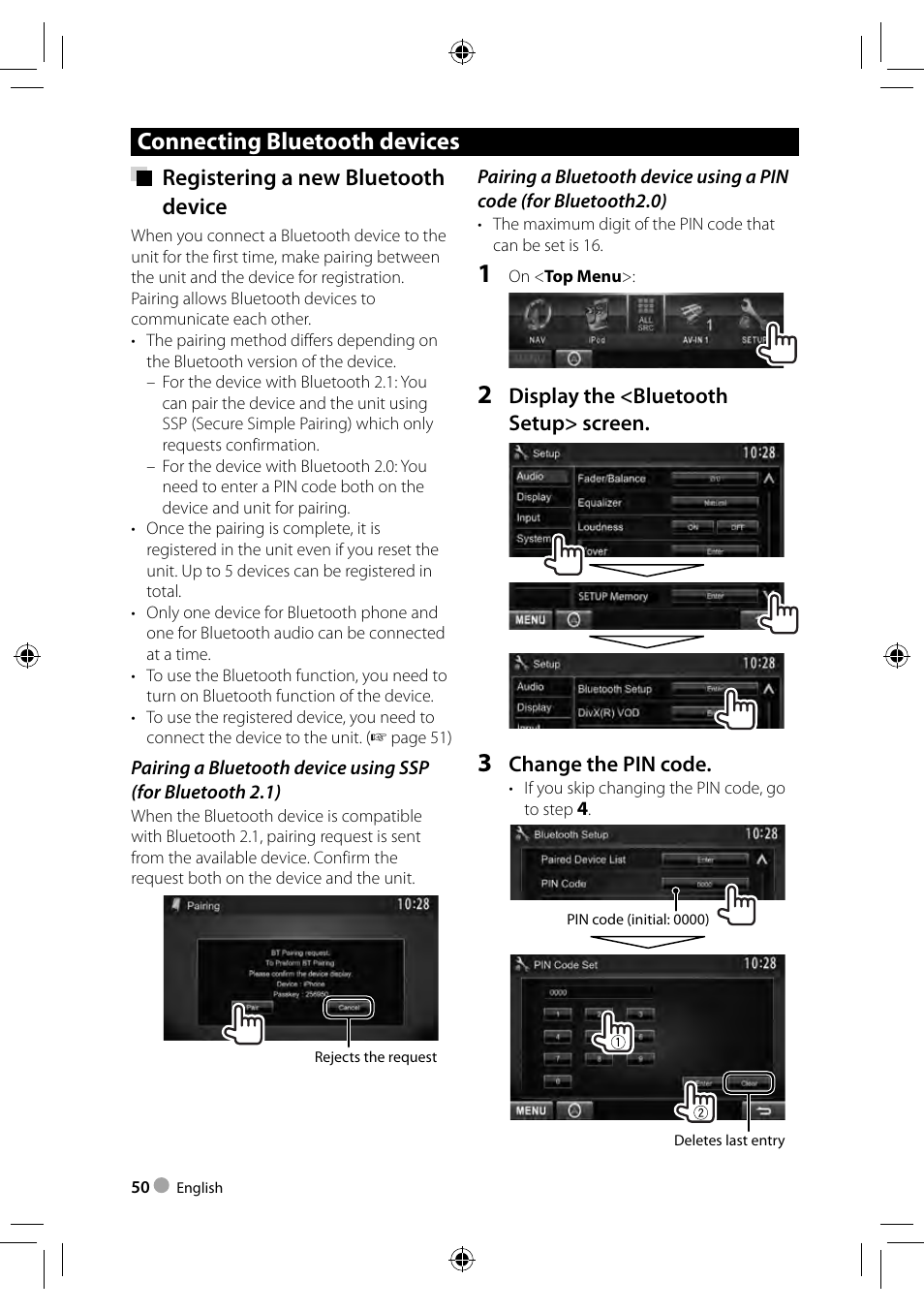 Connecting bluetooth devices, Registering a new bluetooth device | Kenwood DDX3023 User Manual | Page 50 / 84