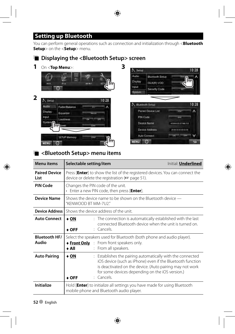 Setting up bluetooth, Displaying the <bluetooth setup> screen, Bluetooth setup> menu items | Kenwood DDX3023 User Manual | Page 52 / 84