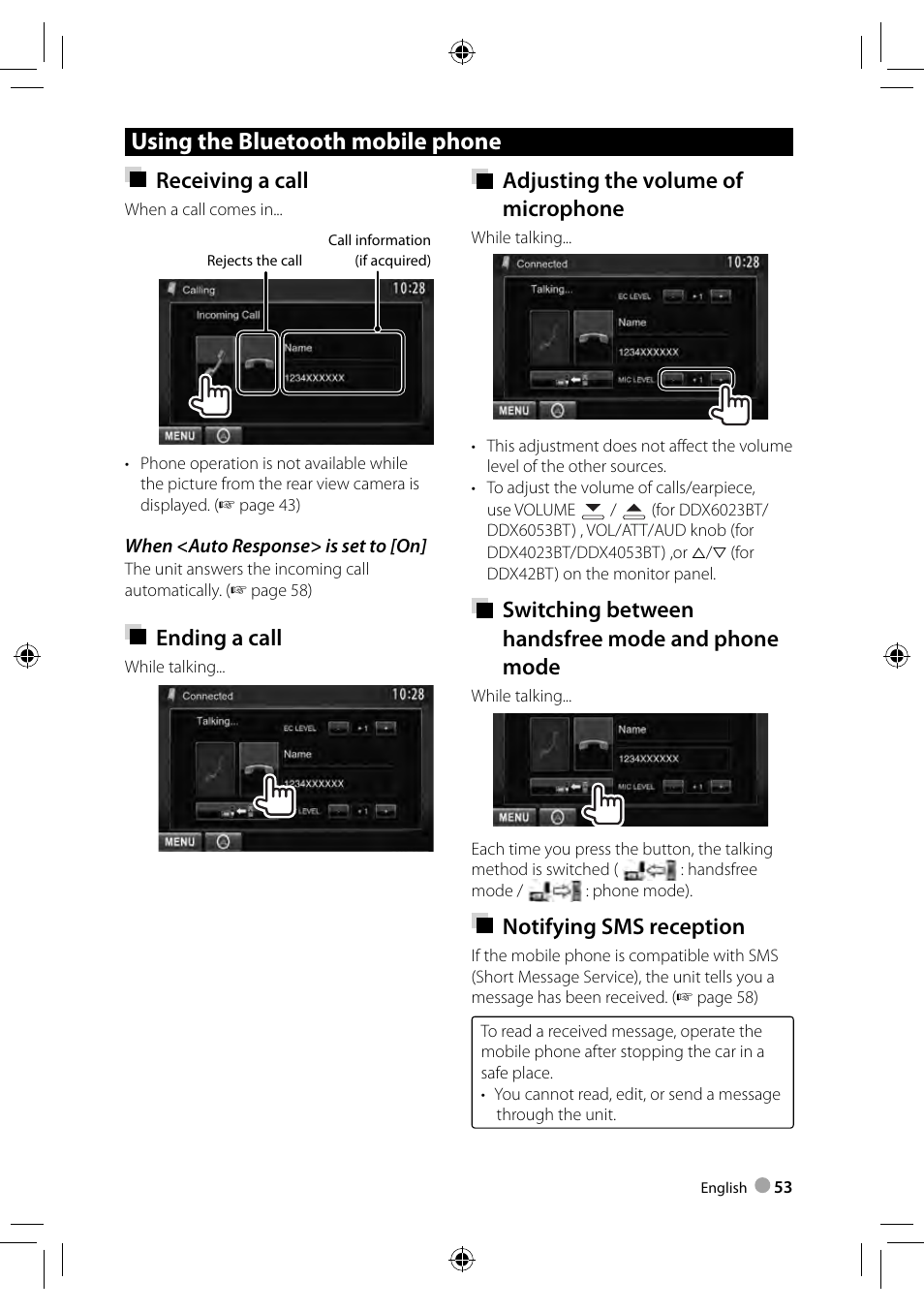 Using the bluetooth mobile phone, Receiving a call, Ending a call | Adjusting the volume of microphone, Switching between handsfree mode and phone mode, Notifying sms reception | Kenwood DDX3023 User Manual | Page 53 / 84