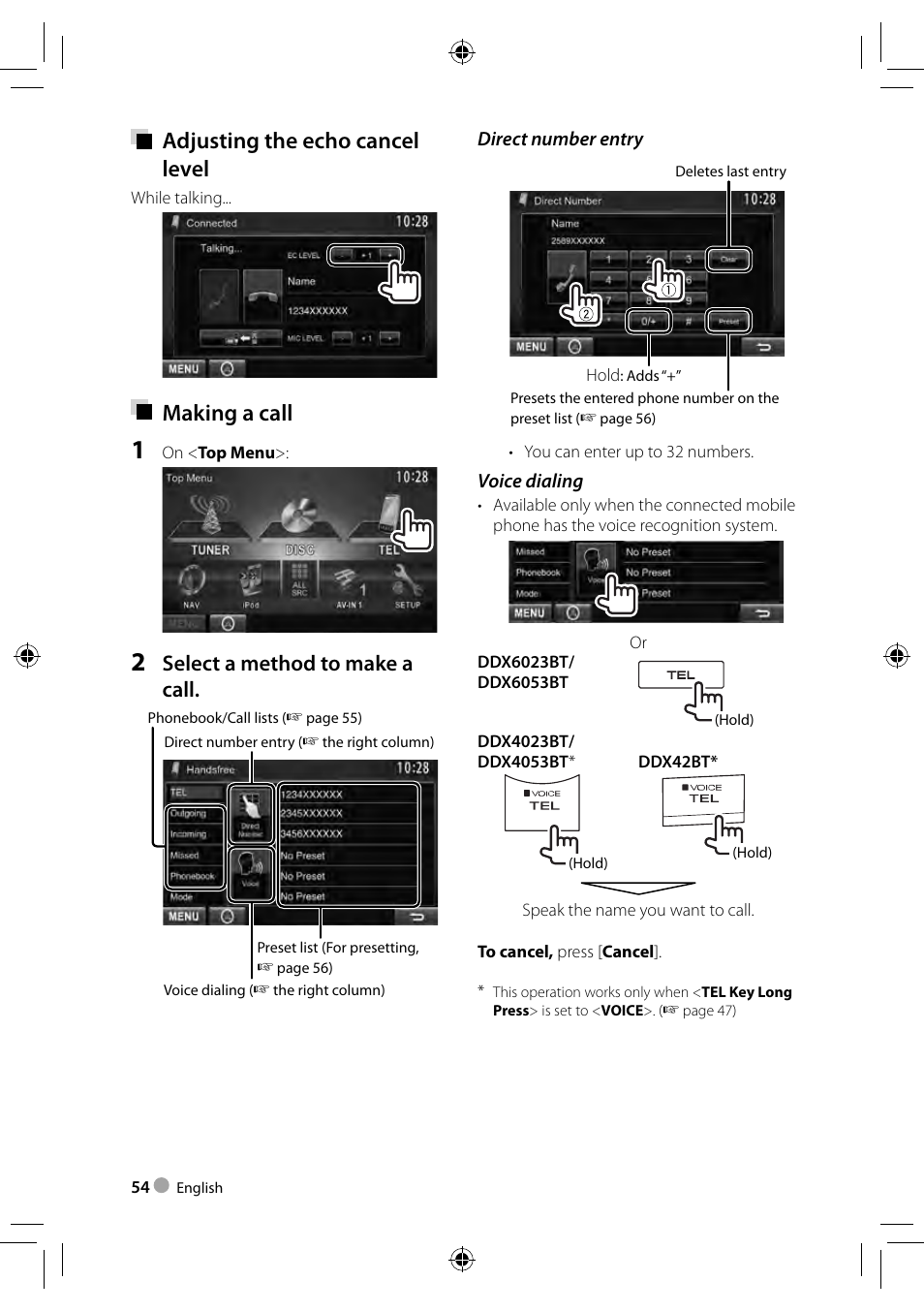 Adjusting the echo cancel level, Making a call, Select a method to make a call | Kenwood DDX3023 User Manual | Page 54 / 84