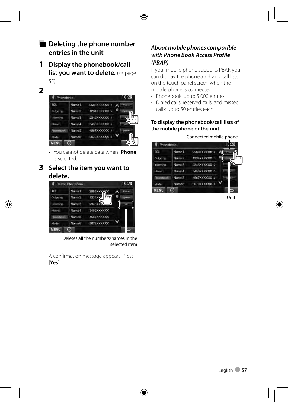 Deleting the phone number entries in the unit | Kenwood DDX3023 User Manual | Page 57 / 84