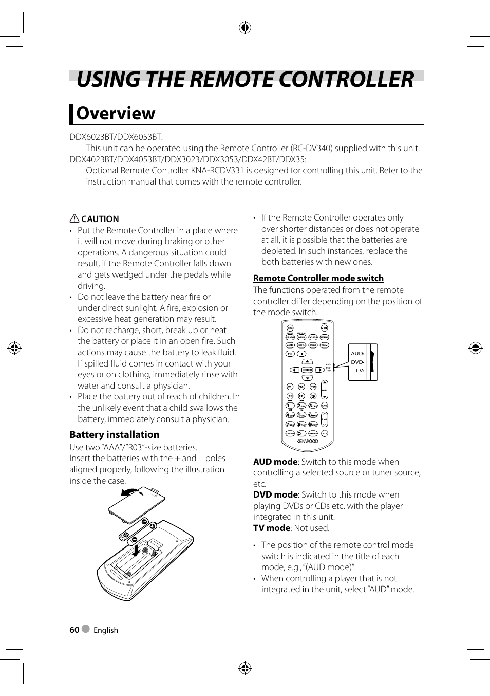 Using the remote controller, Overview | Kenwood DDX3023 User Manual | Page 60 / 84