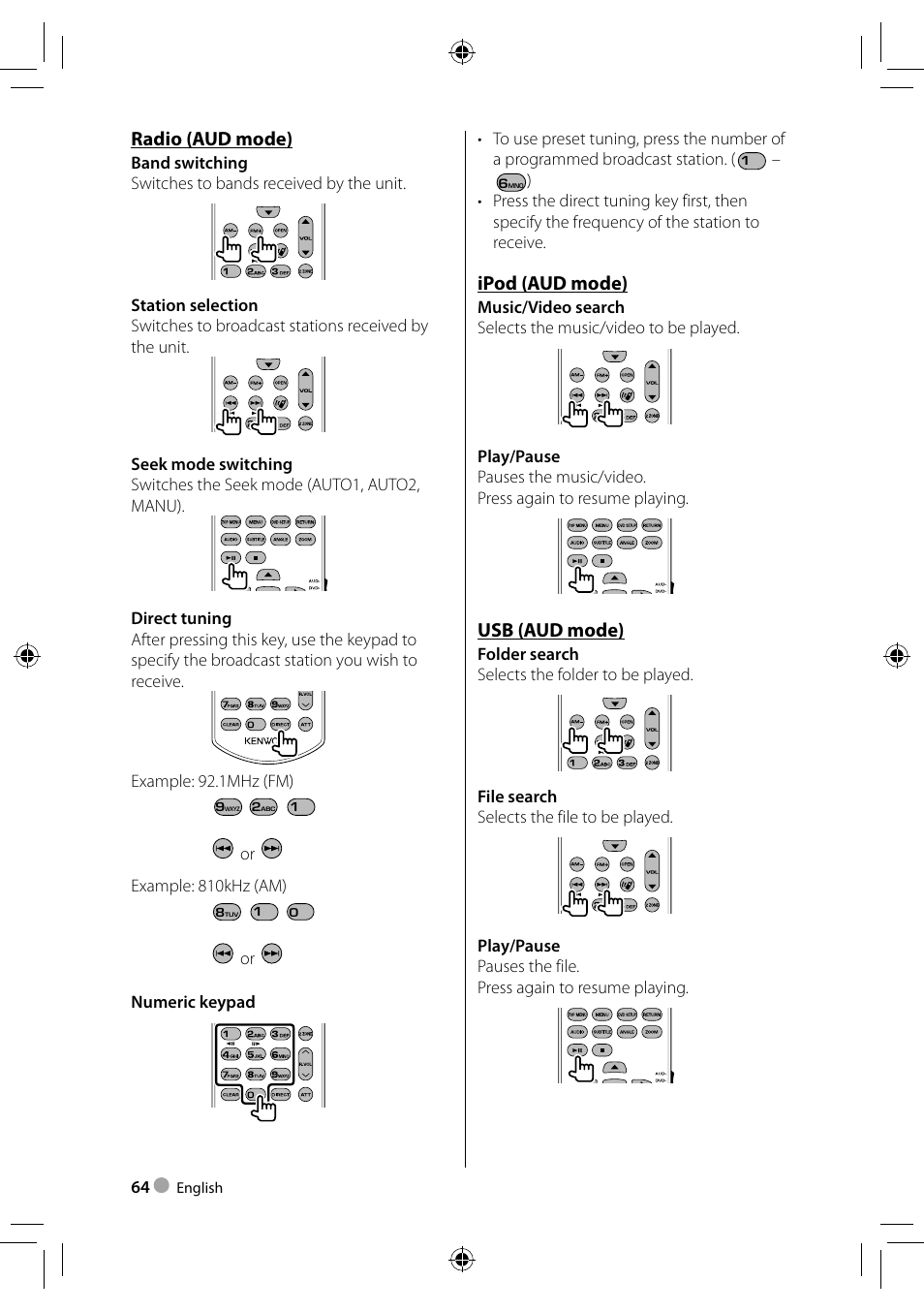 Radio (aud mode), Ipod (aud mode), Usb (aud mode) | Kenwood DDX3023 User Manual | Page 64 / 84