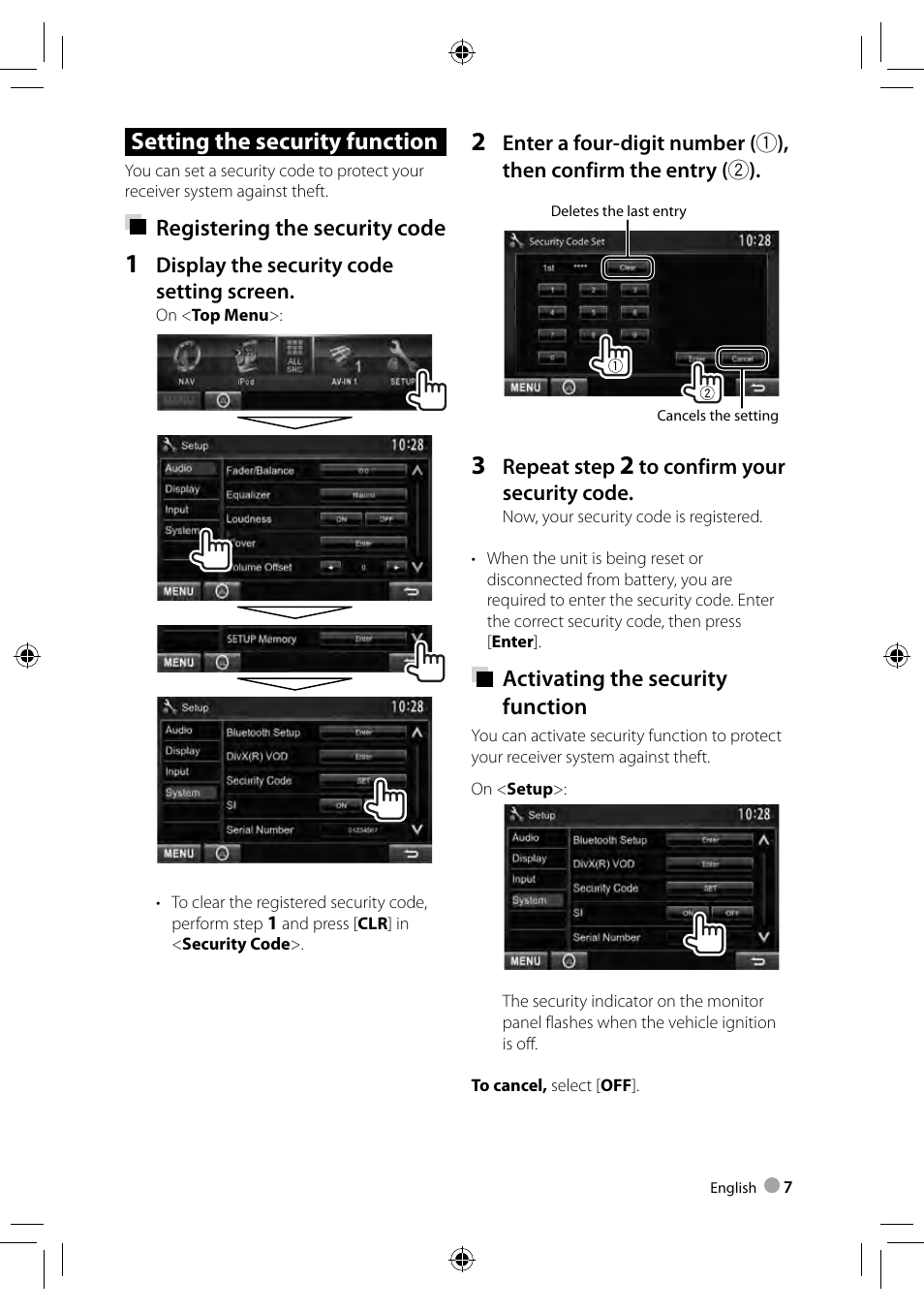 Setting the security function, Registering the security code, Activating the security function | Kenwood DDX3023 User Manual | Page 7 / 84