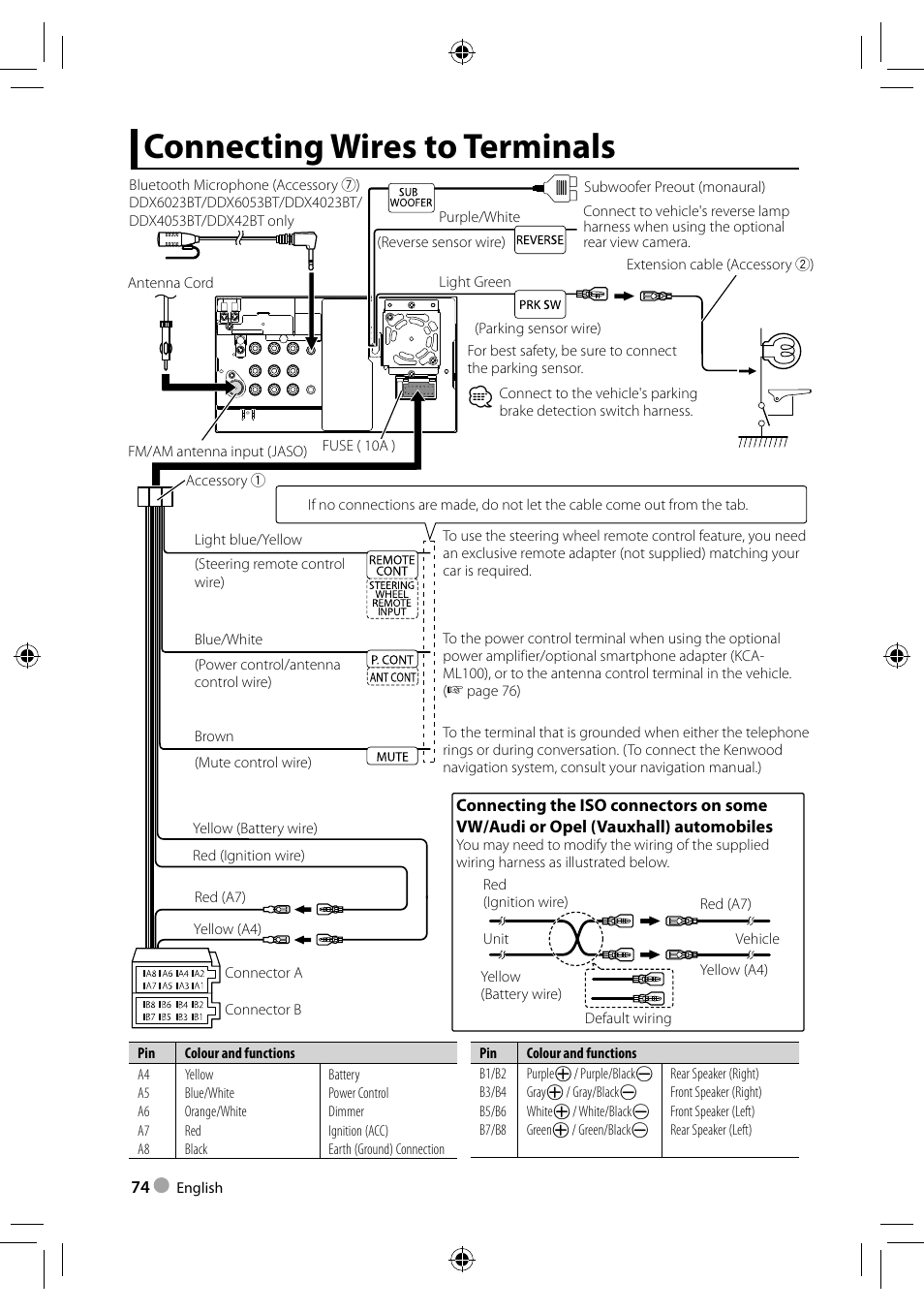 Connecting wires to terminals | Kenwood DDX3023 User Manual | Page 74 / 84