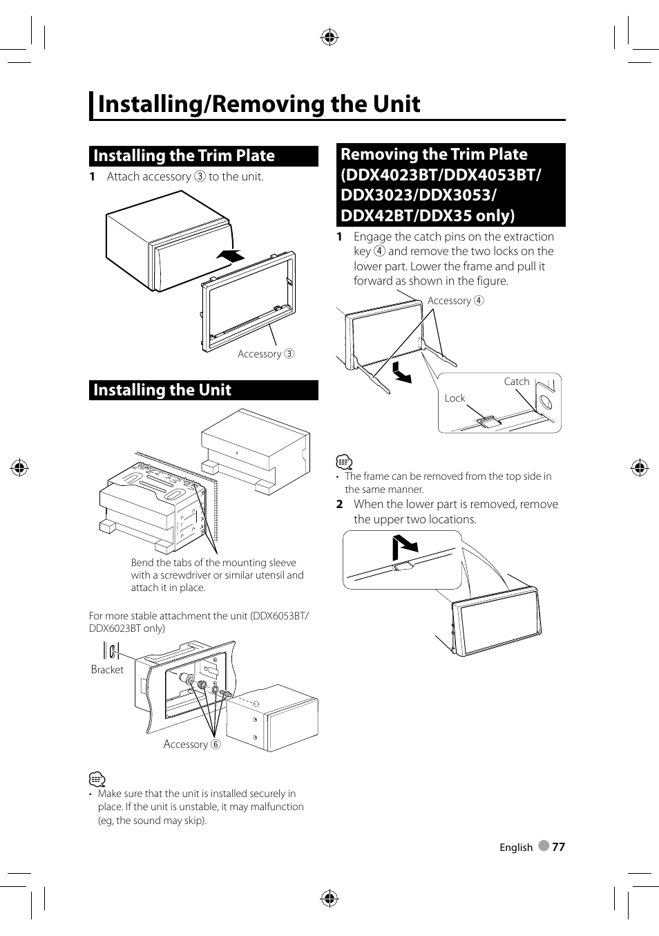 Installing/removing the unit, Installing the trim plate, Installing the unit | Kenwood DDX3023 User Manual | Page 77 / 84