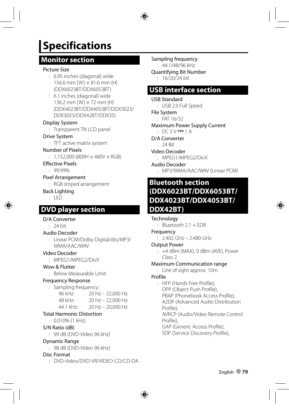 Specifications | Kenwood DDX3023 User Manual | Page 79 / 84