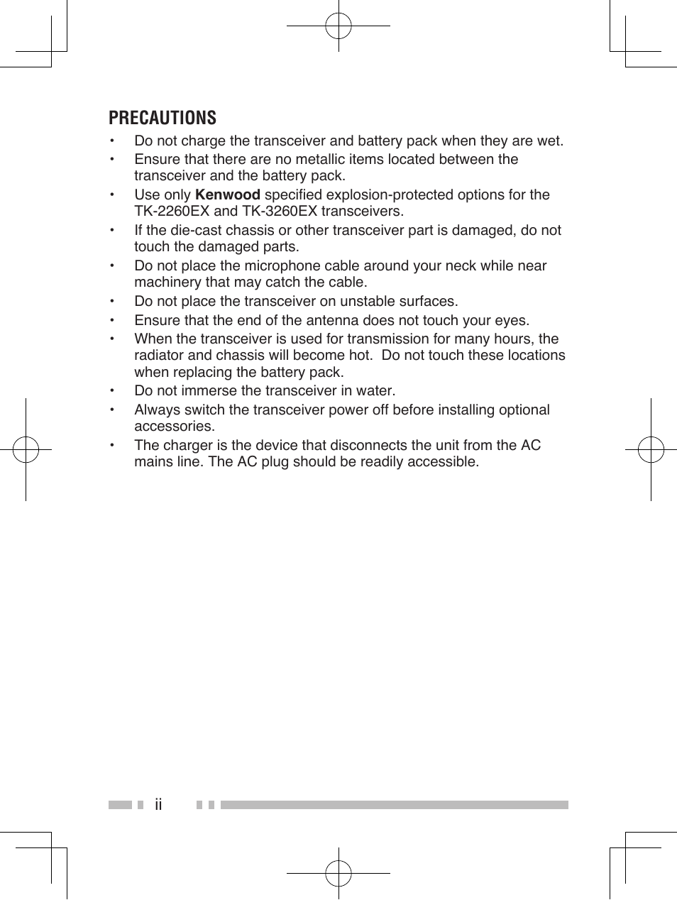 Precautions | Kenwood TK-2260EX User Manual | Page 4 / 20