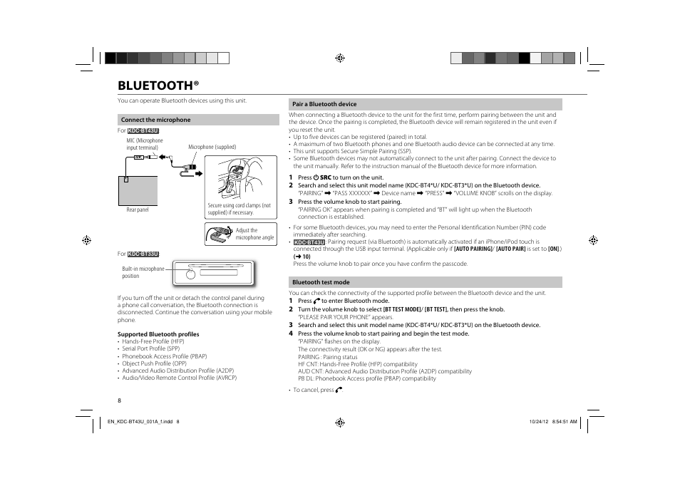 Bluetooth | Kenwood KDC-BT33U User Manual | Page 10 / 19