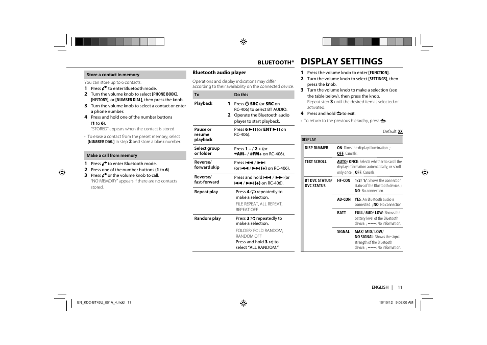 Display settings | Kenwood KDC-BT33U User Manual | Page 13 / 19