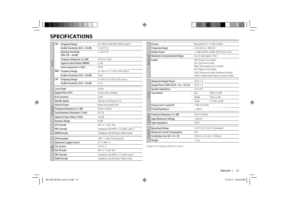 Specifications | Kenwood KDC-BT33U User Manual | Page 17 / 19