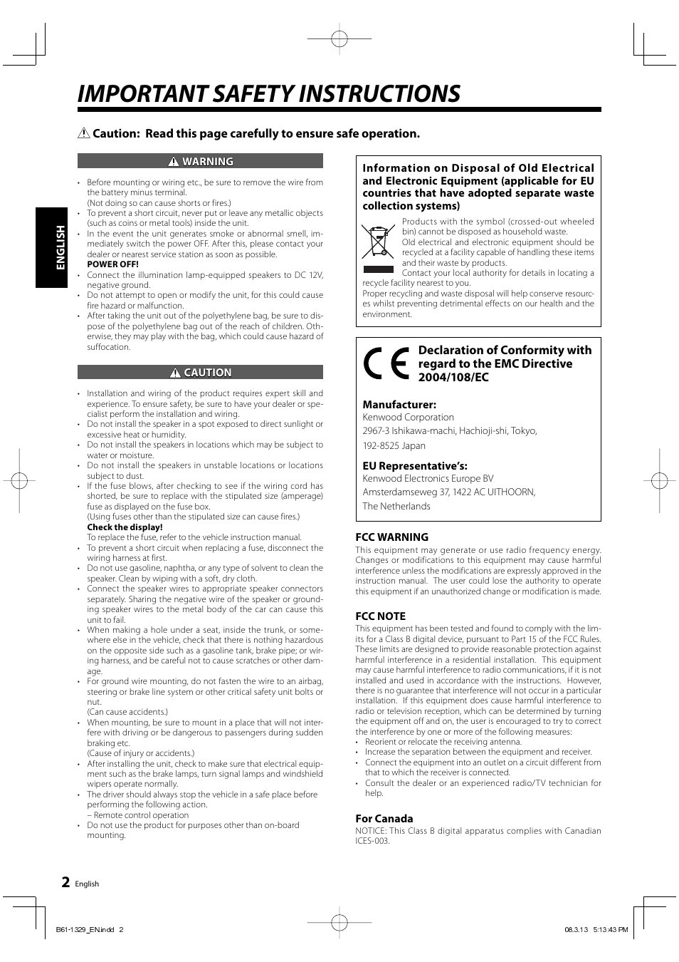 Important safety instructions | Kenwood KFC-W3000L User Manual | Page 2 / 9
