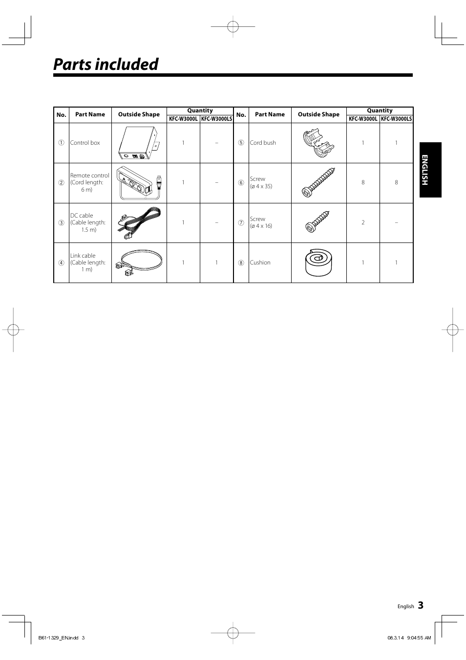 Parts included | Kenwood KFC-W3000L User Manual | Page 3 / 9