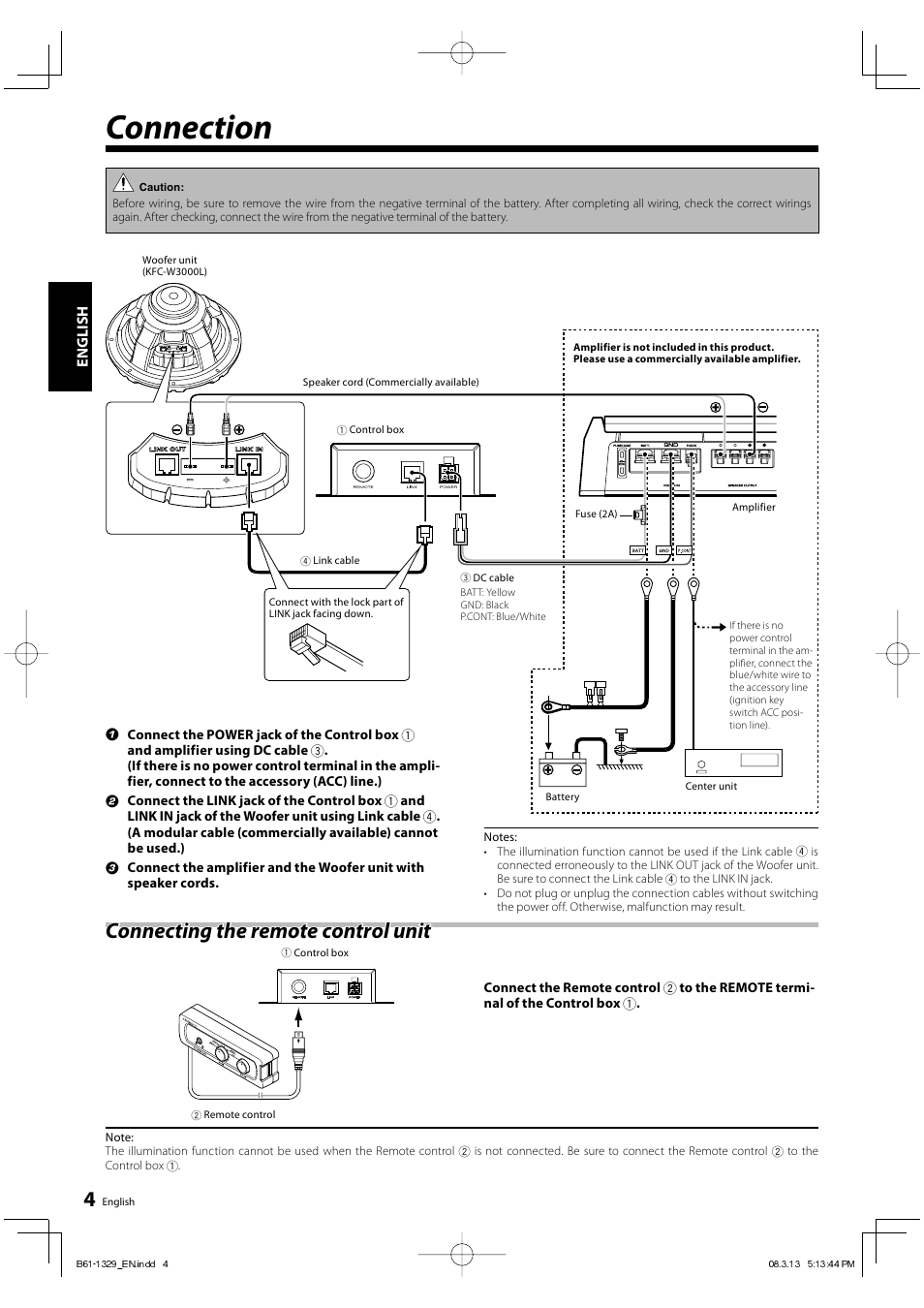 Connection, Connecting the remote control unit | Kenwood KFC-W3000L User Manual | Page 4 / 9