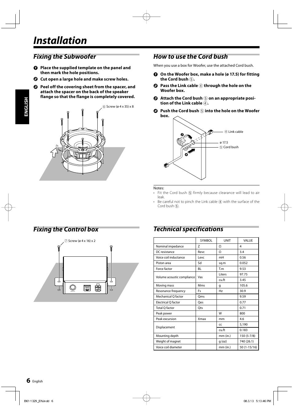 Installation, Fixing the subwoofer, Fixing the control box | How to use the cord bush, Technical specifications, English | Kenwood KFC-W3000L User Manual | Page 6 / 9