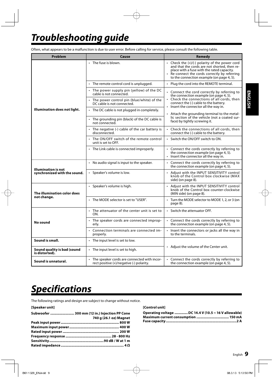 Troubleshooting guide, Specifications | Kenwood KFC-W3000L User Manual | Page 9 / 9