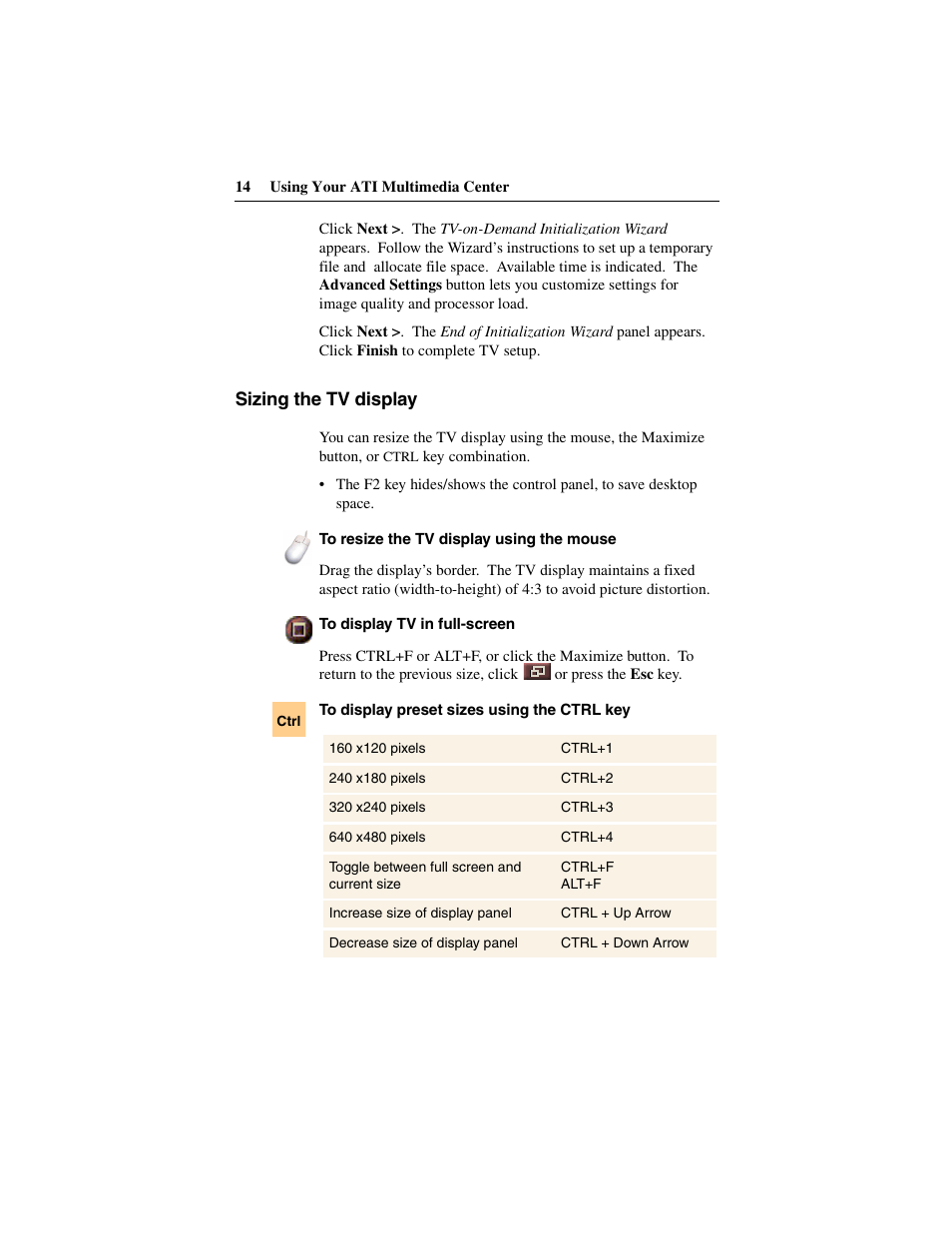 Sizing the tv display | ATI Technologies 137-40188-60 User Manual | Page 14 / 96