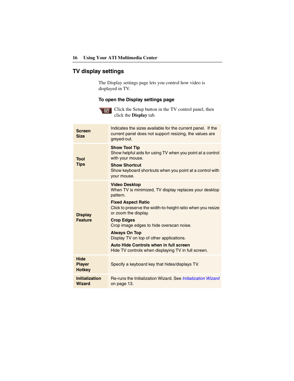 Tv display settings | ATI Technologies 137-40188-60 User Manual | Page 16 / 96