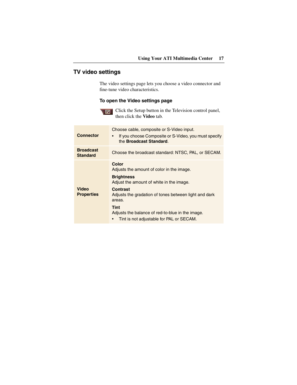 Tv video settings | ATI Technologies 137-40188-60 User Manual | Page 17 / 96