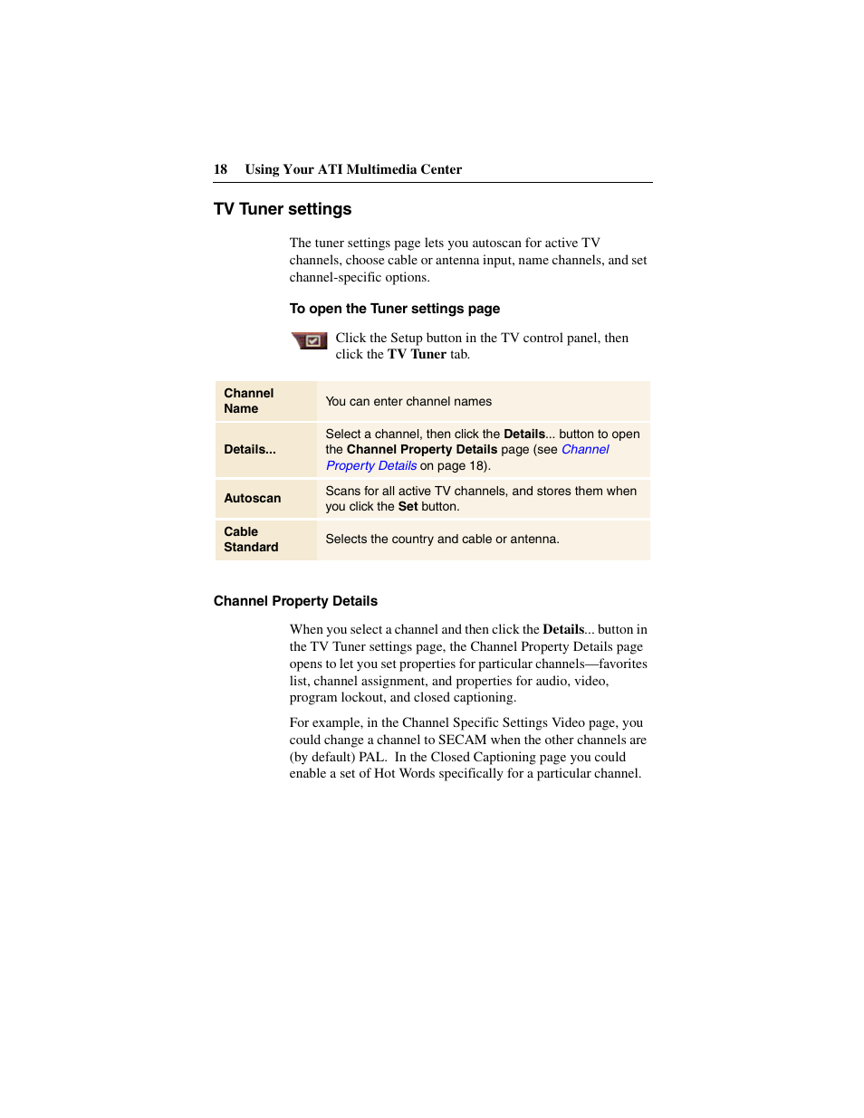 Tv tuner settings | ATI Technologies 137-40188-60 User Manual | Page 18 / 96