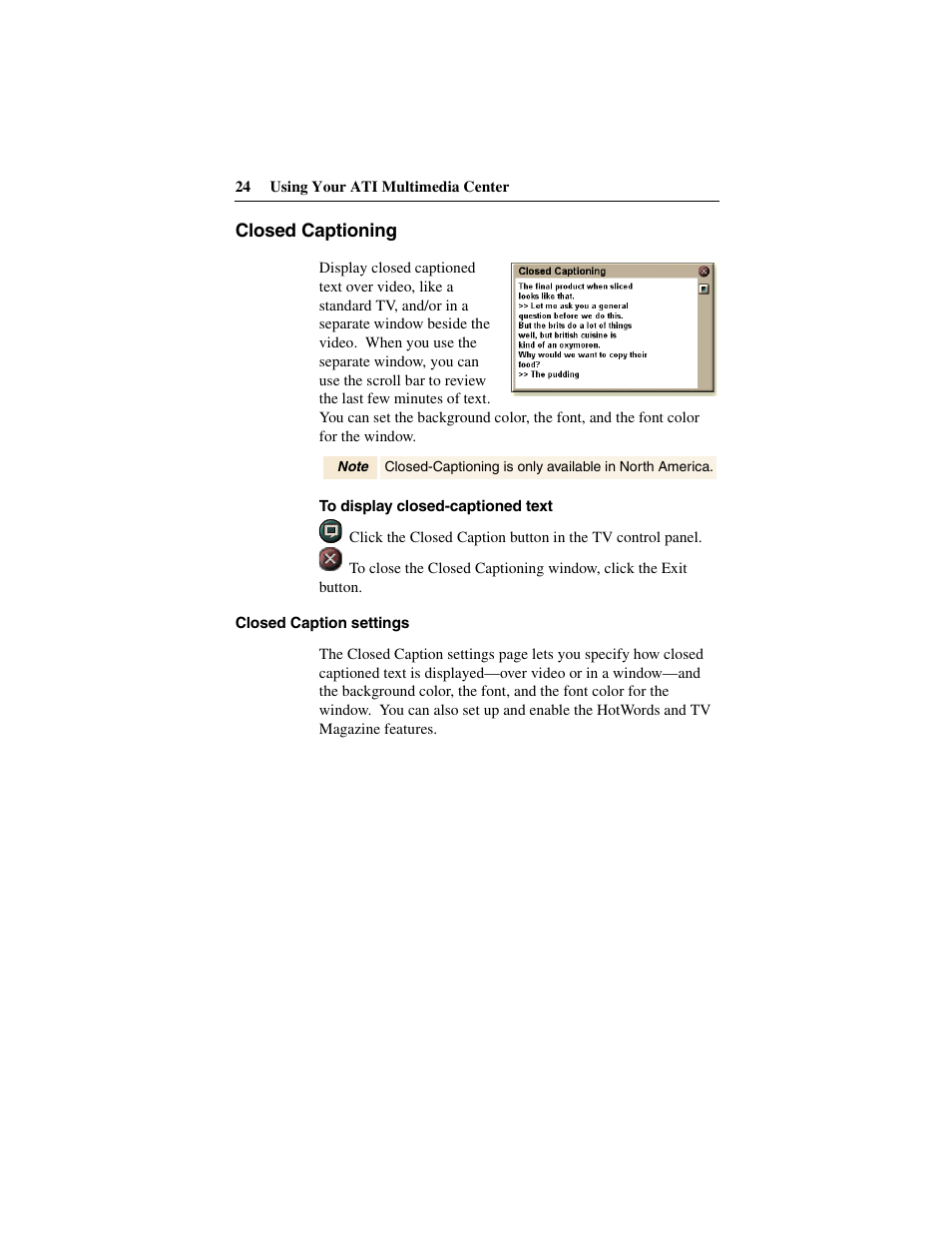 Closed captioning | ATI Technologies 137-40188-60 User Manual | Page 24 / 96