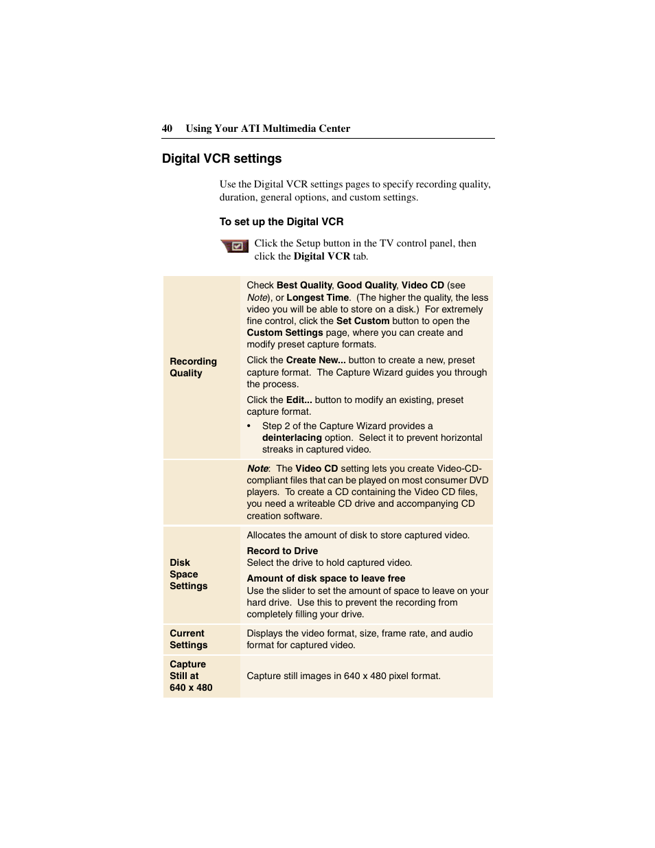 Digital vcr settings, Digital vcr, Settings | ATI Technologies 137-40188-60 User Manual | Page 40 / 96