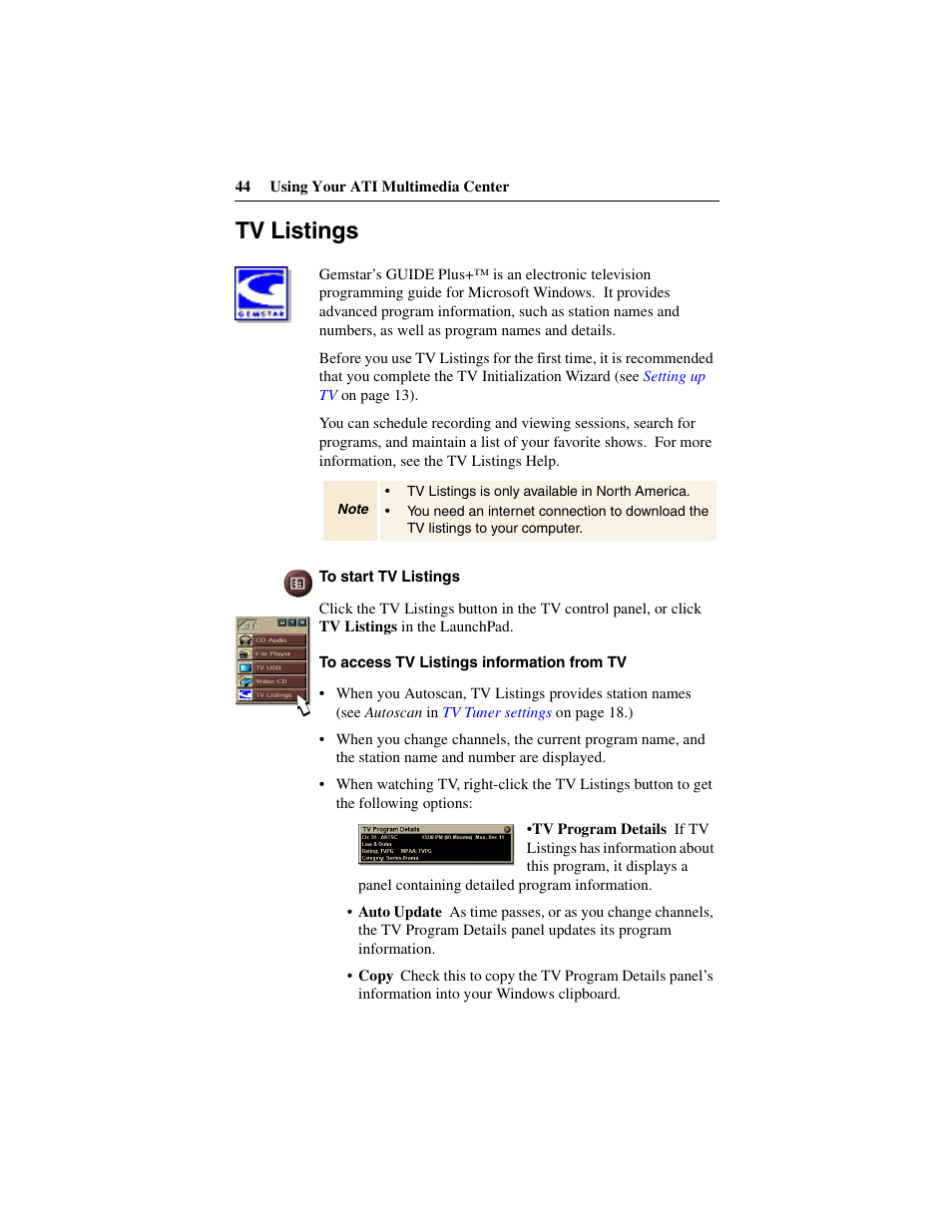 Tv listings | ATI Technologies 137-40188-60 User Manual | Page 44 / 96