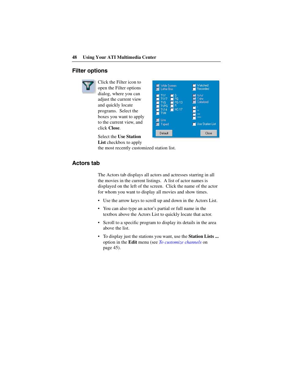 Filter options, Actors tab | ATI Technologies 137-40188-60 User Manual | Page 48 / 96