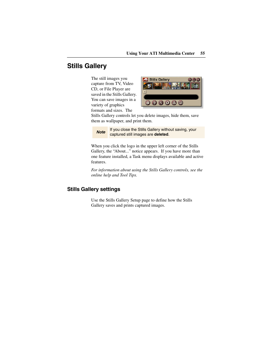 Stills gallery, Stills gallery settings, Stills | Gallery | ATI Technologies 137-40188-60 User Manual | Page 55 / 96